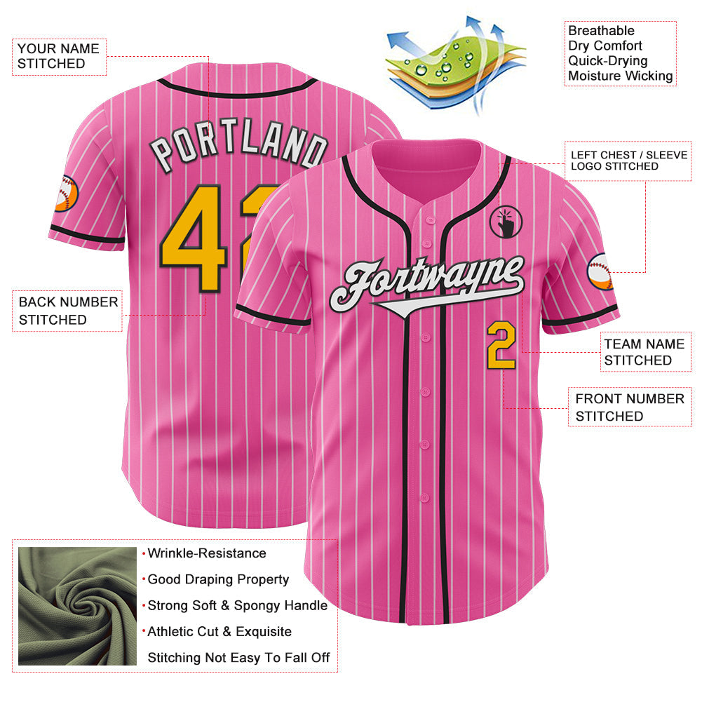 Custom Pink White Pinstripe Gold-Black Authentic Baseball Jersey - Sky-Custom