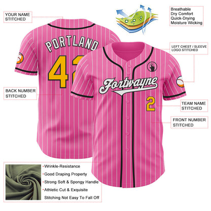 Custom Pink White Pinstripe Gold-Black Authentic Baseball Jersey - Sky-Custom