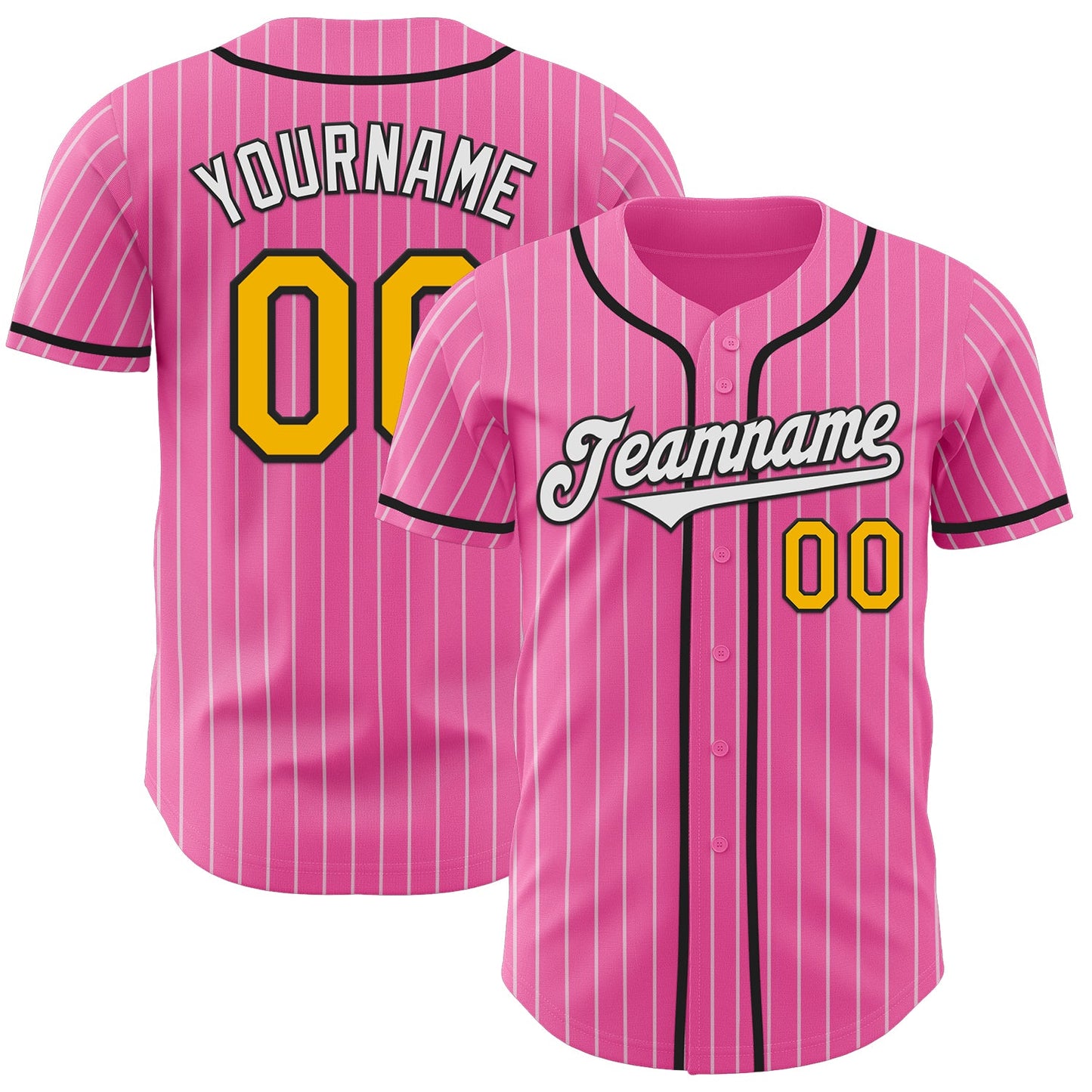 Custom Pink White Pinstripe Gold-Black Authentic Baseball Jersey - Sky-Custom