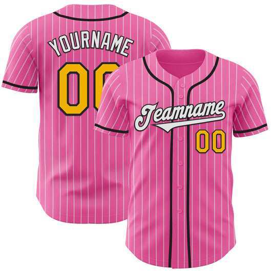 Custom Pink White Pinstripe Gold-Black Authentic Baseball Jersey - Sky-Custom