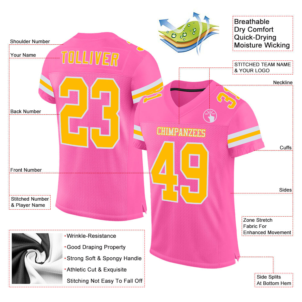Custom Pink Gold-White Mesh Authentic Football Jersey - Sky-Custom
