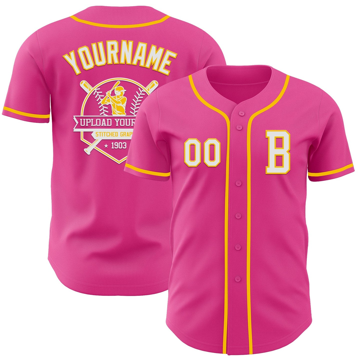 Custom Pink White-Yellow Authentic Baseball Jersey - Sky-Custom