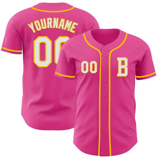 Custom Pink White-Yellow Authentic Baseball Jersey - Sky-Custom
