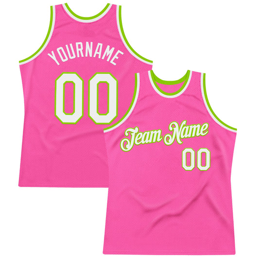 Custom Pink White-Neon Green Authentic Throwback Basketball Jersey - Sky-Custom