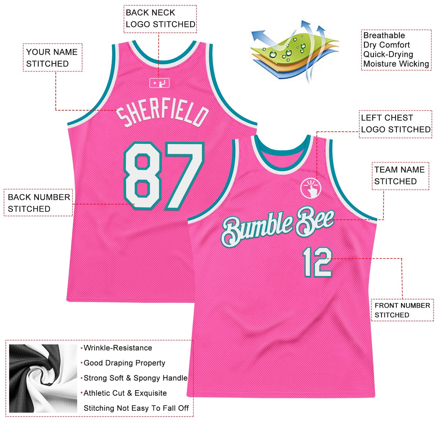Custom Pink White-Teal Authentic Throwback Basketball Jersey - Sky-Custom