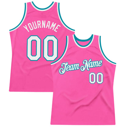 Custom Pink White-Teal Authentic Throwback Basketball Jersey - Sky-Custom