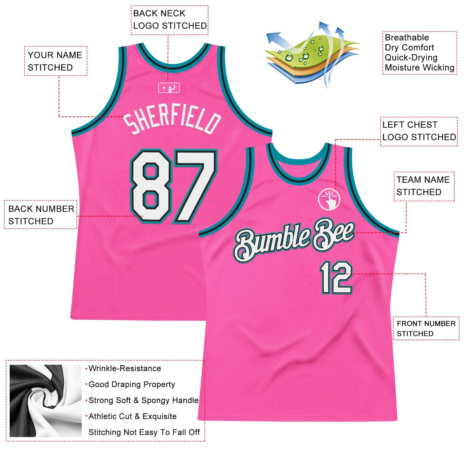 Custom Pink Black-Teal Authentic Throwback Basketball Jersey - Sky-Custom