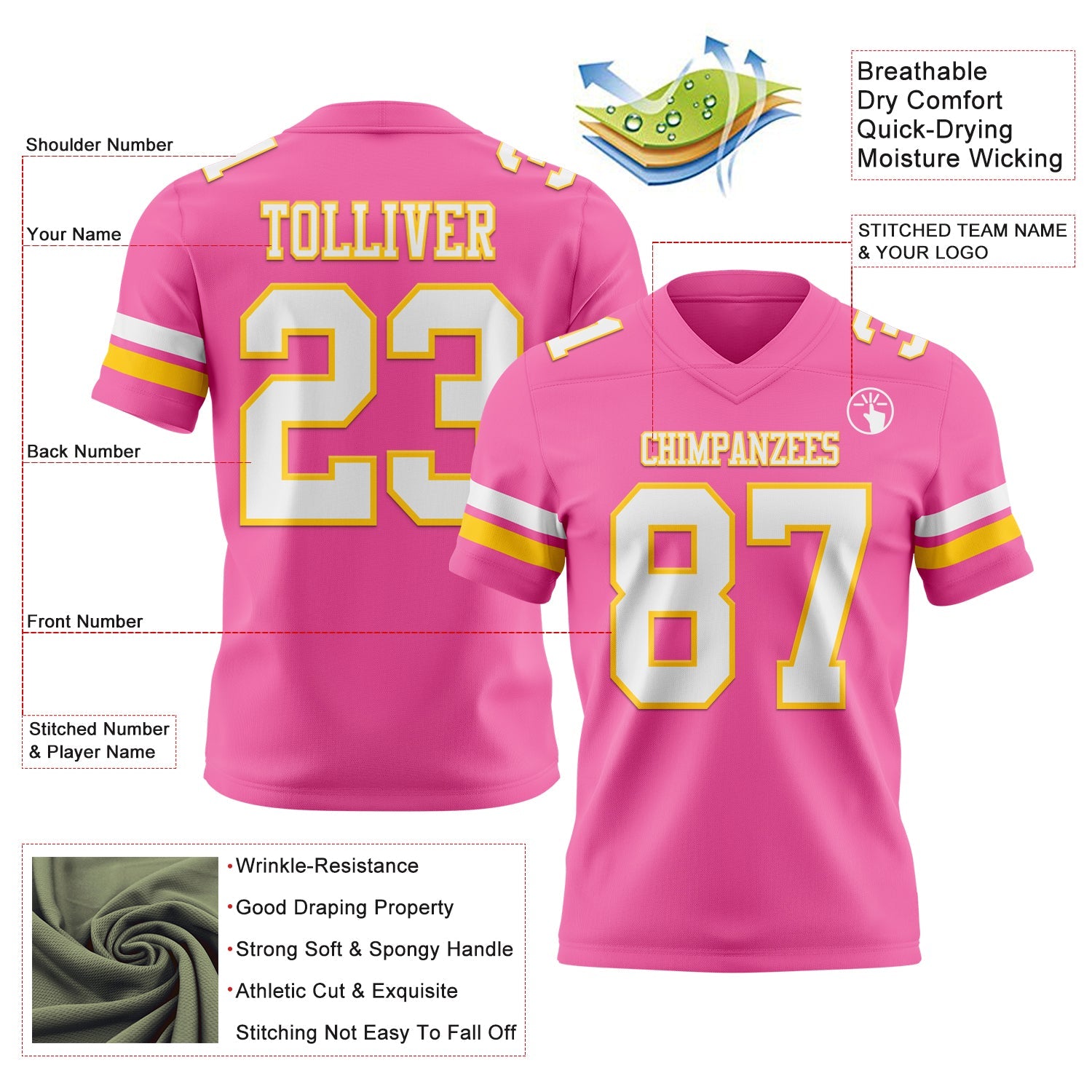 Custom Pink White-Yellow Mesh Authentic Football Jersey - Sky-Custom