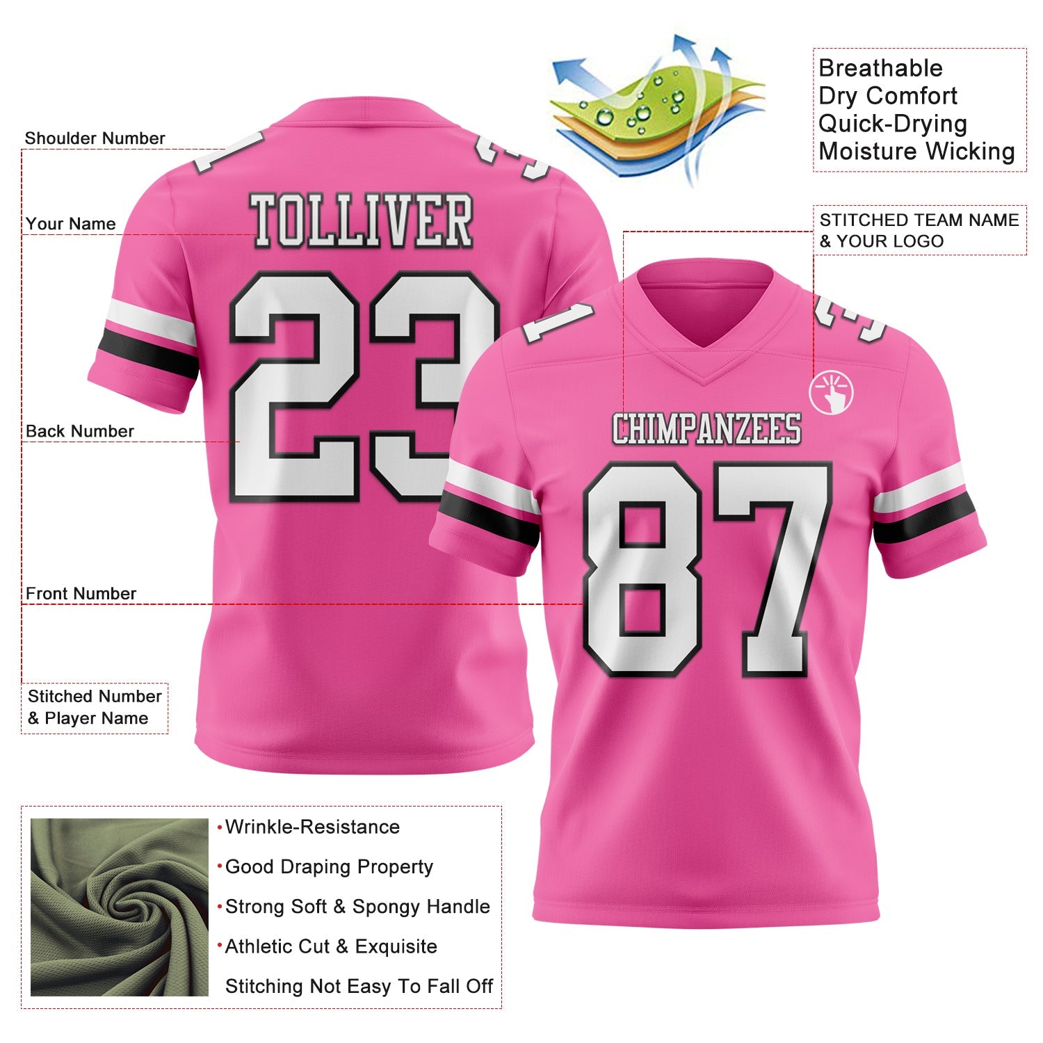 Custom Pink White-Black Mesh Authentic Football Jersey - Sky-Custom