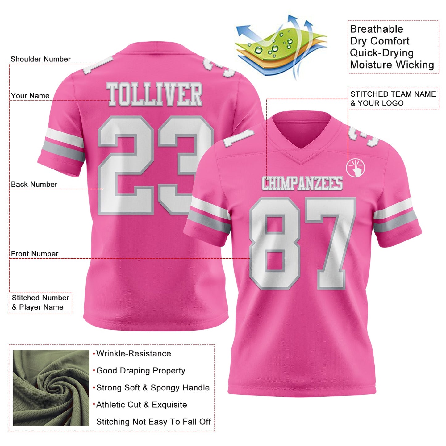 Custom Pink White-Gray Mesh Authentic Football Jersey - Sky-Custom