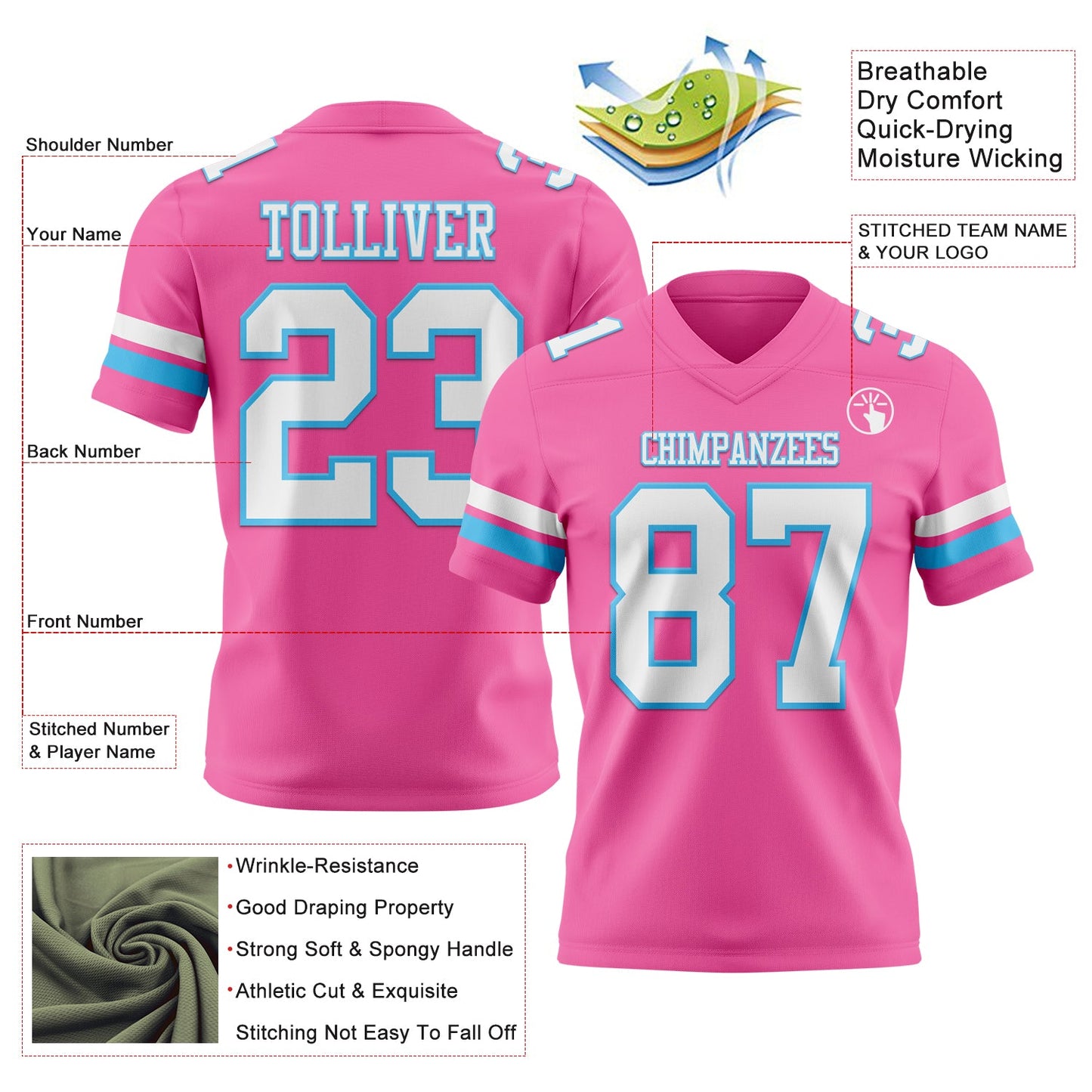 Custom Pink White-Sky Blue Mesh Authentic Football Jersey - Sky-Custom