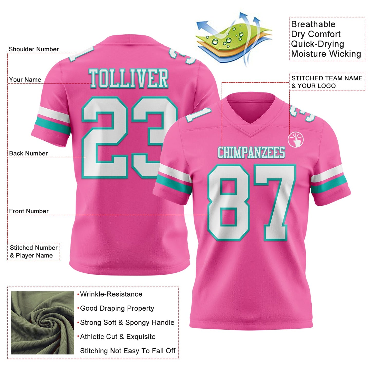 Custom Pink White-Aqua Mesh Authentic Football Jersey - Sky-Custom