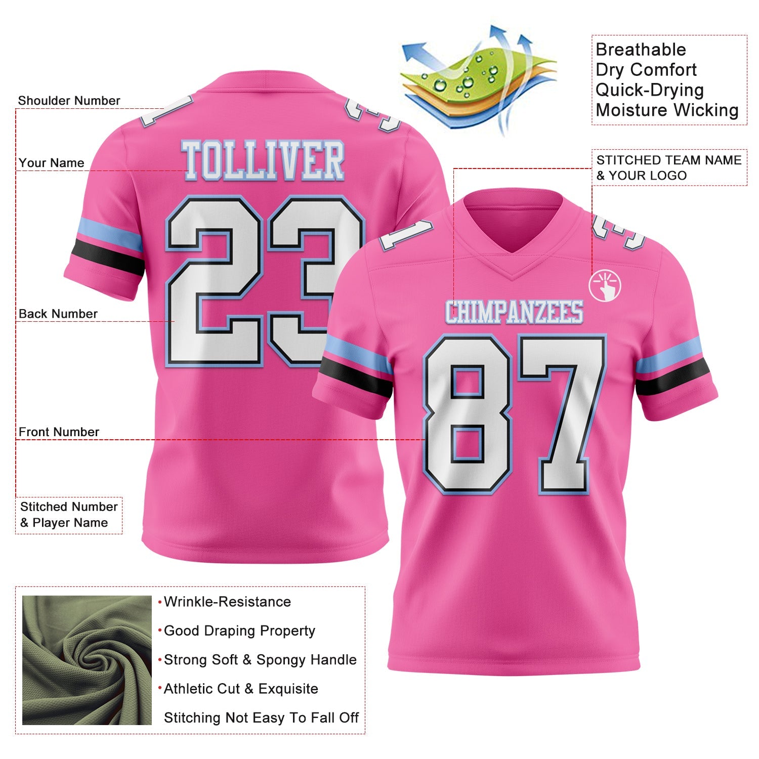 Custom Pink White Black-Light Blue Mesh Authentic Football Jersey - Sky-Custom