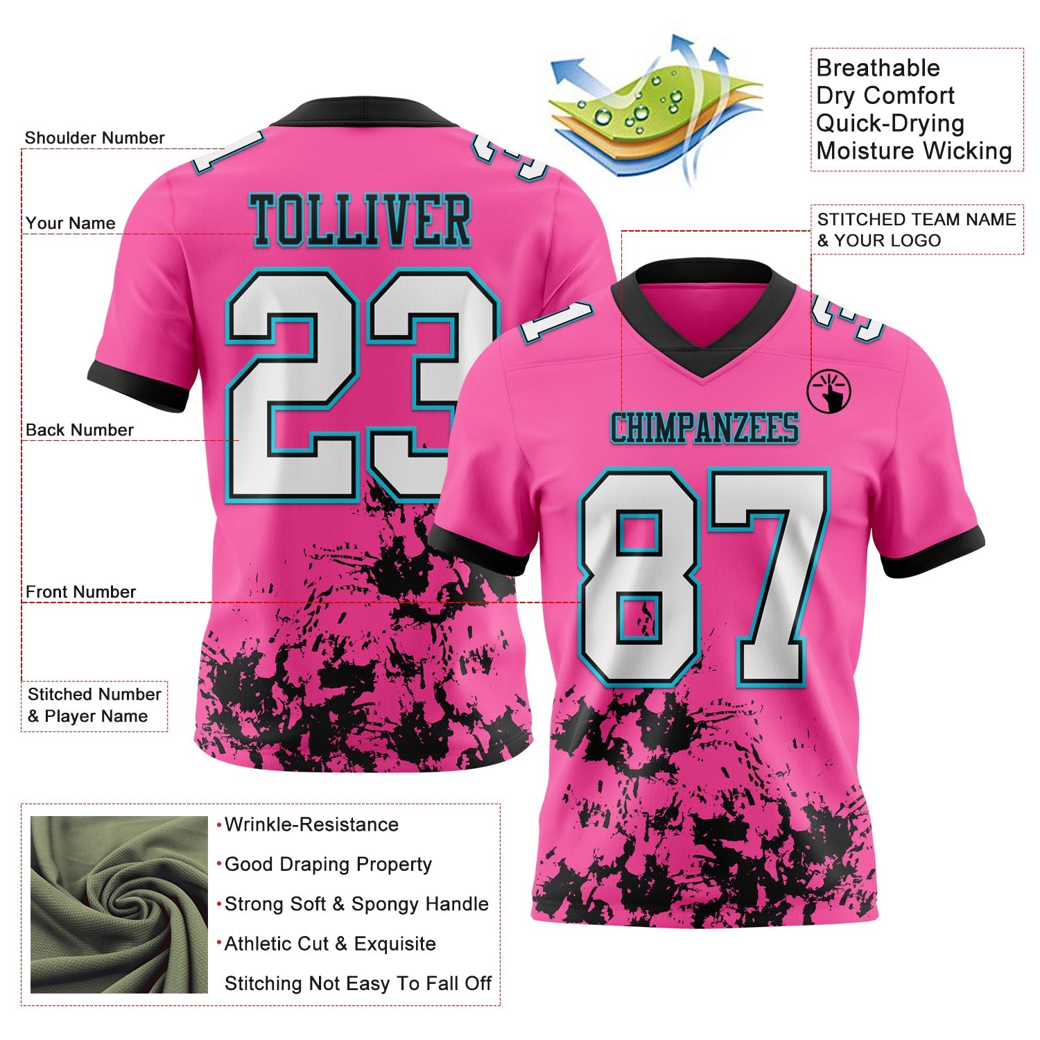 Custom Pink White Black-Lakes Blue Splash Mesh Authentic Football Jersey - Sky-Custom