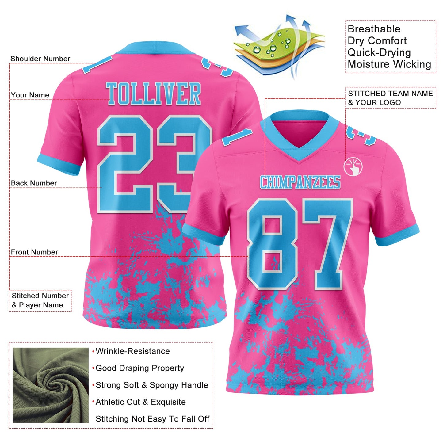 Custom Pink Sky Blue-White Splash Mesh Authentic Football Jersey - Sky-Custom