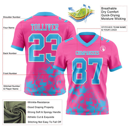 Custom Pink Sky Blue-White Splash Mesh Authentic Football Jersey - Sky-Custom