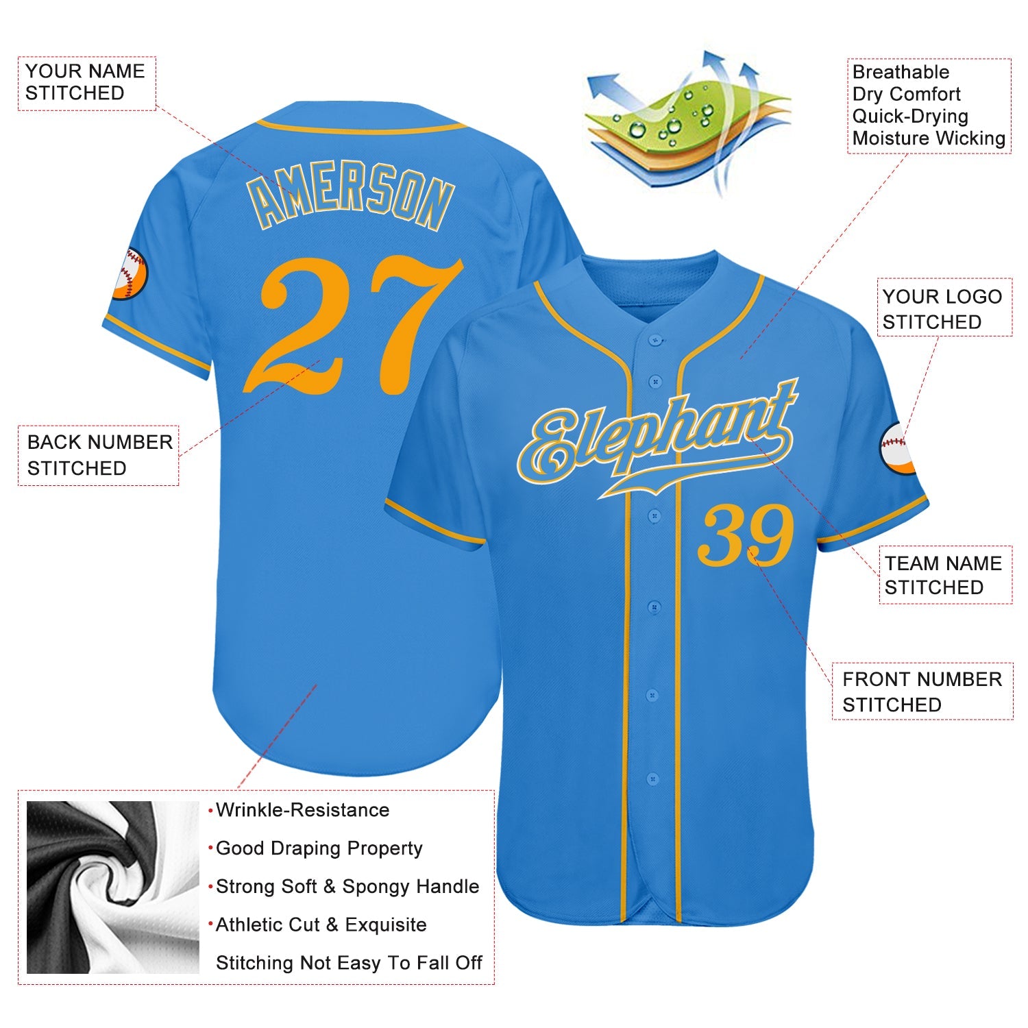 Custom Powder Blue Gold-White Authentic Baseball Jersey - Sky-Custom