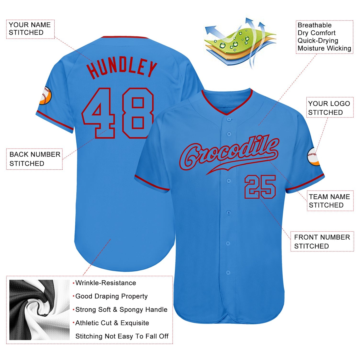 Custom Powder Blue Powder Blue-Red Authentic Baseball Jersey - Sky-Custom