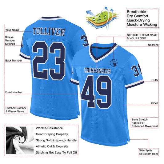 Custom Powder Blue Navy-White Mesh Authentic Throwback Football Jersey - Sky-Custom