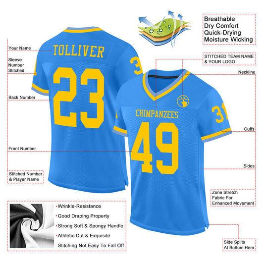 Custom Powder Blue Gold Mesh Authentic Throwback Football Jersey - Sky-Custom