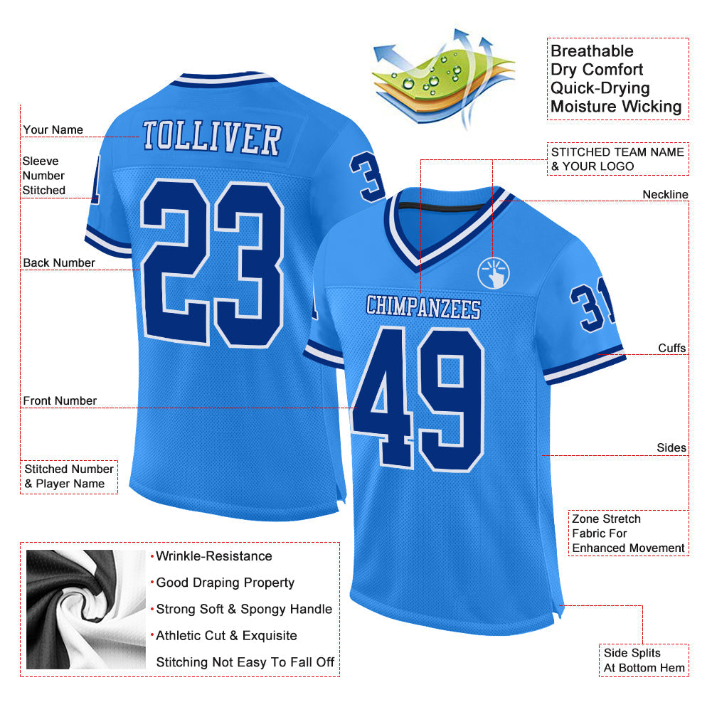 Custom Powder Blue Royal-White Mesh Authentic Throwback Football Jersey - Sky-Custom