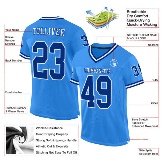 Custom Powder Blue Royal-White Mesh Authentic Throwback Football Jersey - Sky-Custom