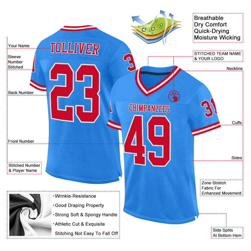 Custom Powder Blue Red-White Mesh Authentic Throwback Football Jersey - Sky-Custom