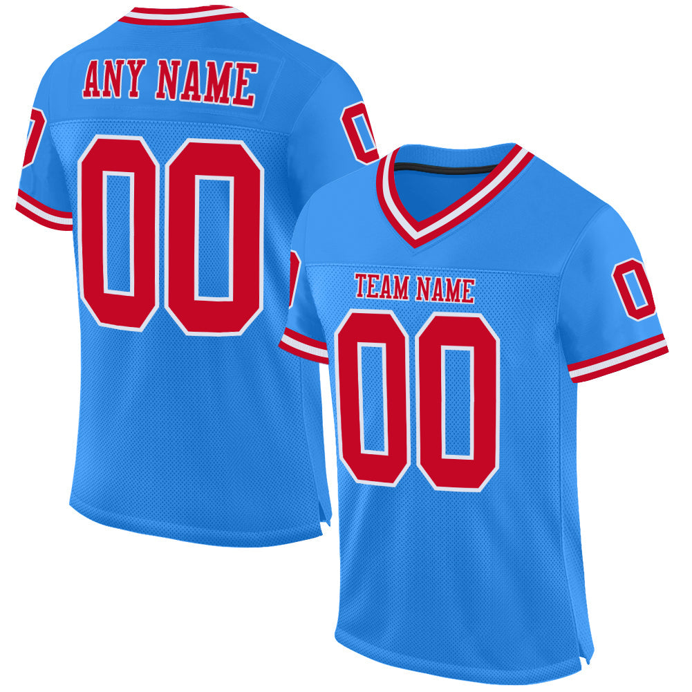 Custom Powder Blue Red-White Mesh Authentic Throwback Football Jersey - Sky-Custom