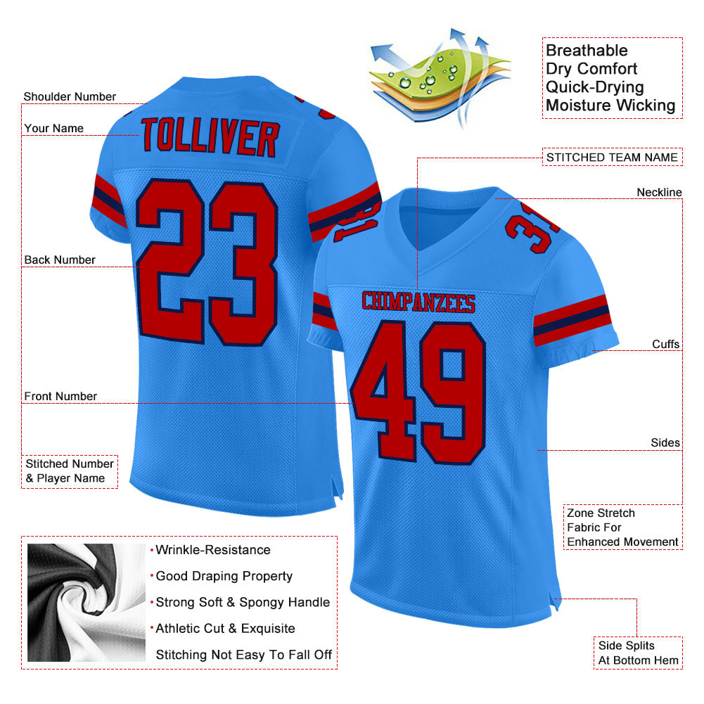 Custom Powder Blue Red-Navy Mesh Authentic Football Jersey - Sky-Custom