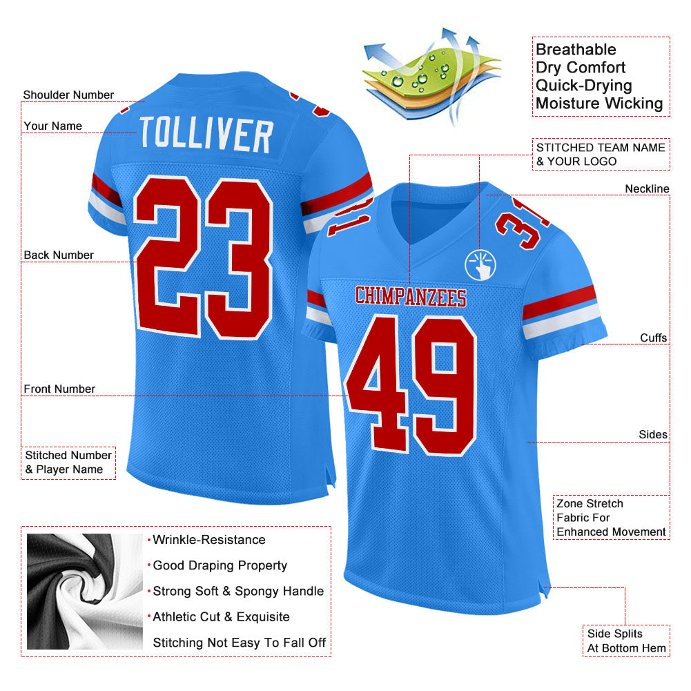 Custom Powder Blue Red-White Mesh Authentic Football Jersey - Sky-Custom