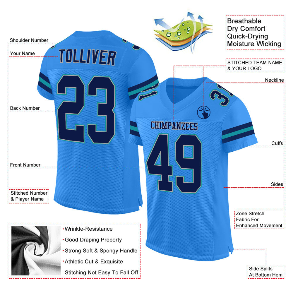 Custom Powder Blue Navy-Aqua Mesh Authentic Football Jersey - Sky-Custom