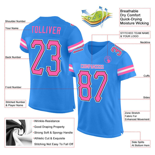 Custom Powder Blue Pink-Black Mesh Authentic Football Jersey - Sky-Custom