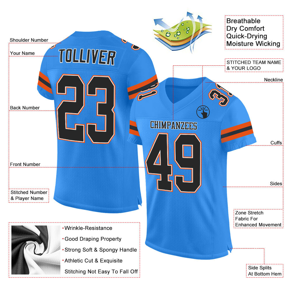 Custom Powder Blue Black-Orange Mesh Authentic Football Jersey - Sky-Custom