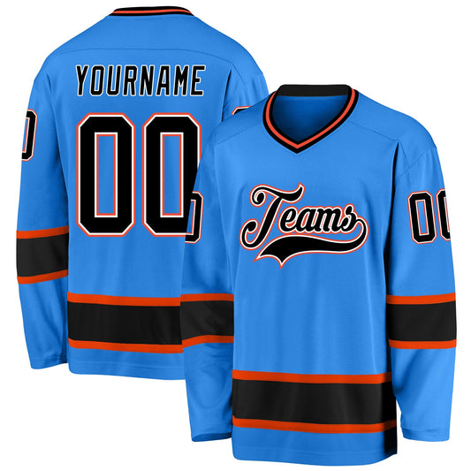 Custom Powder Blue Black-Orange Hockey Jersey - Sky-Custom