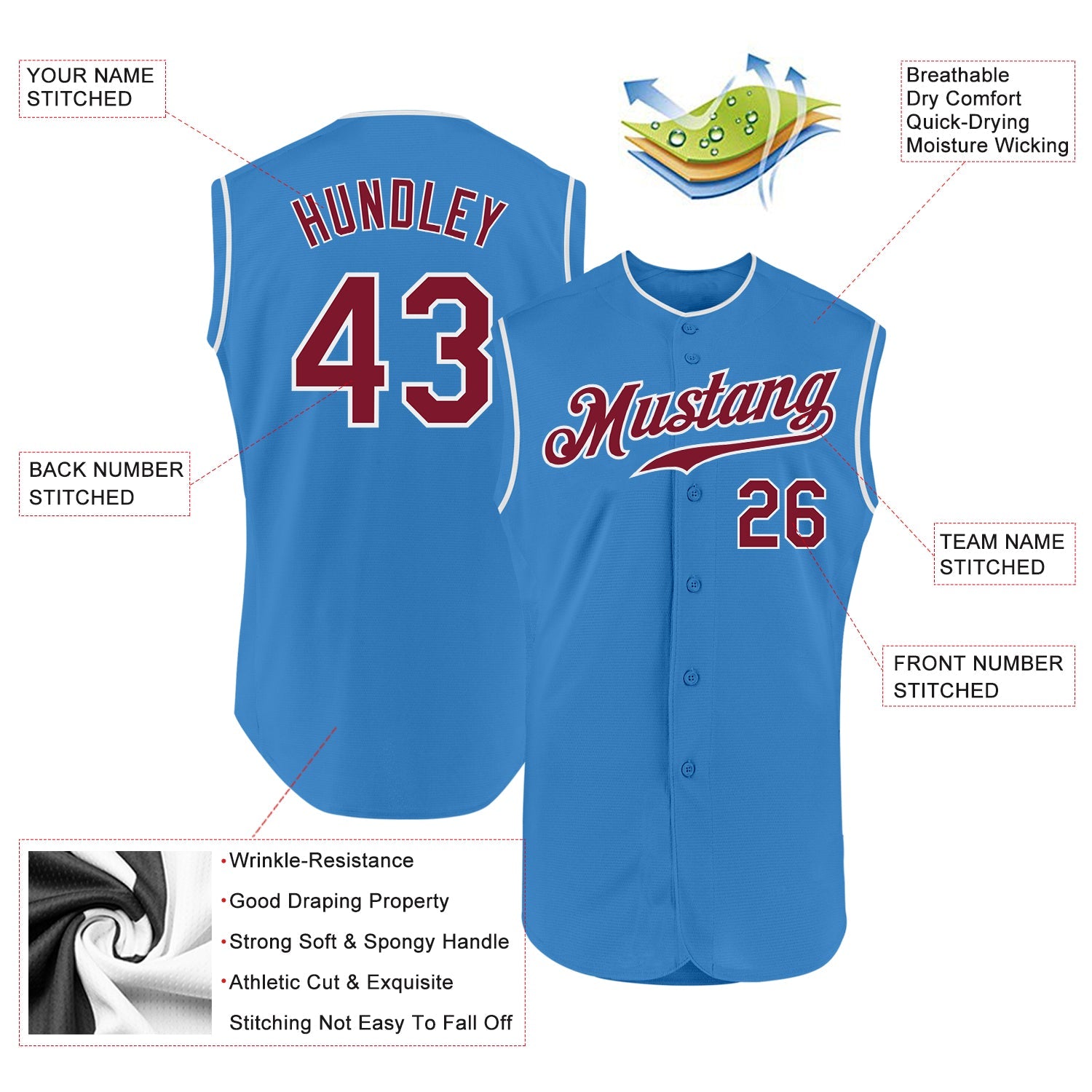 Custom Powder Blue Crimson-White Authentic Sleeveless Baseball Jersey - Sky-Custom