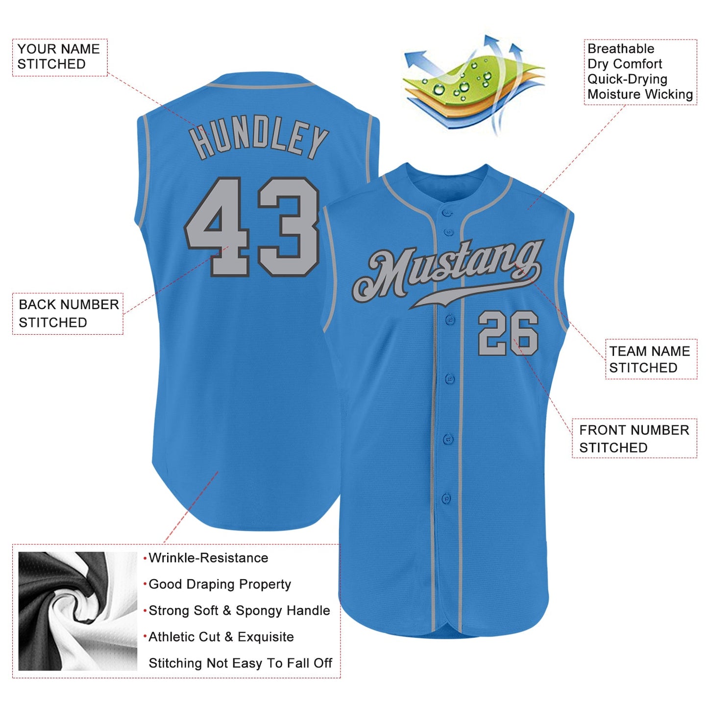 Custom Powder Blue Gray-Steel Gray Authentic Sleeveless Baseball Jersey - Sky-Custom