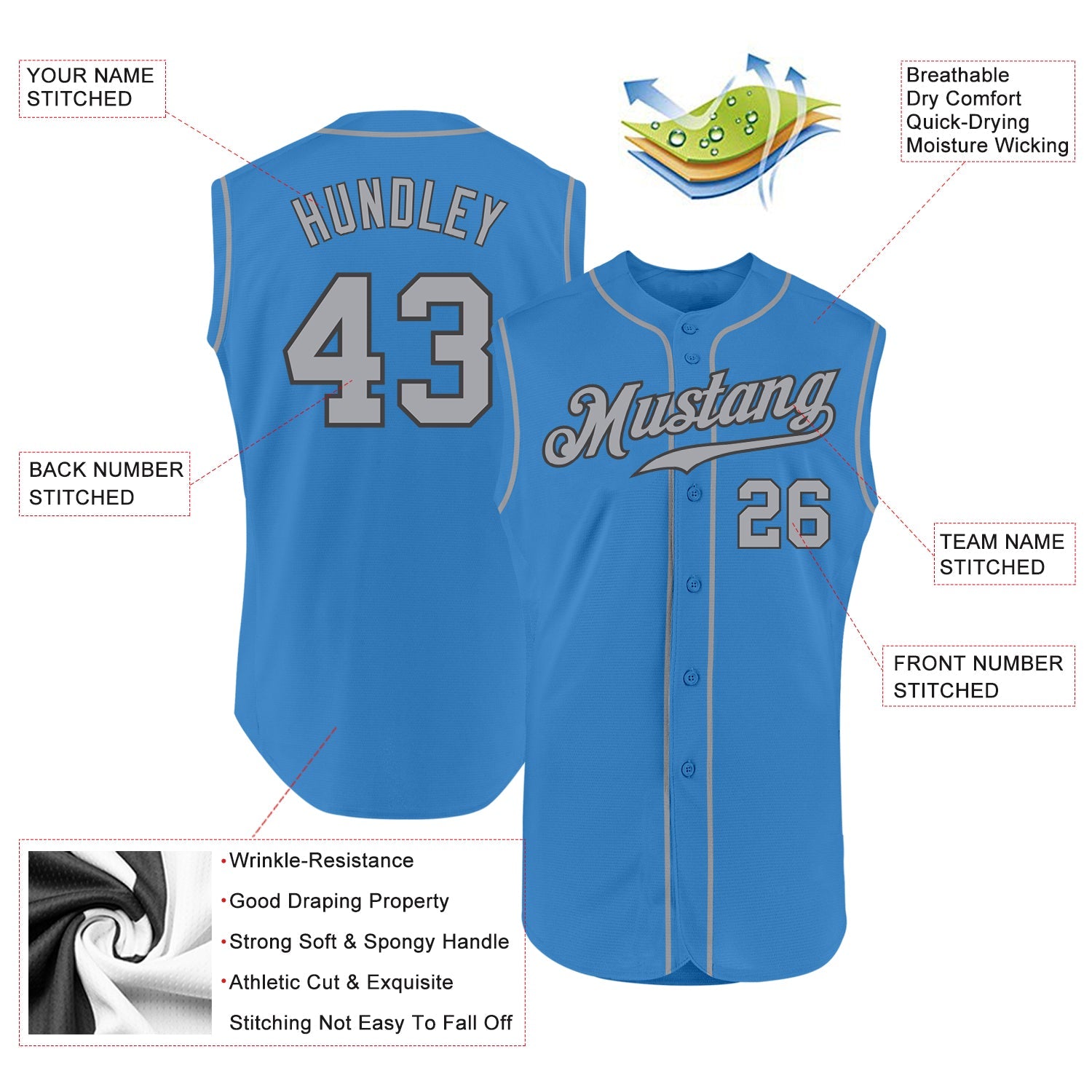 Custom Powder Blue Gray-Steel Gray Authentic Sleeveless Baseball Jersey - Sky-Custom