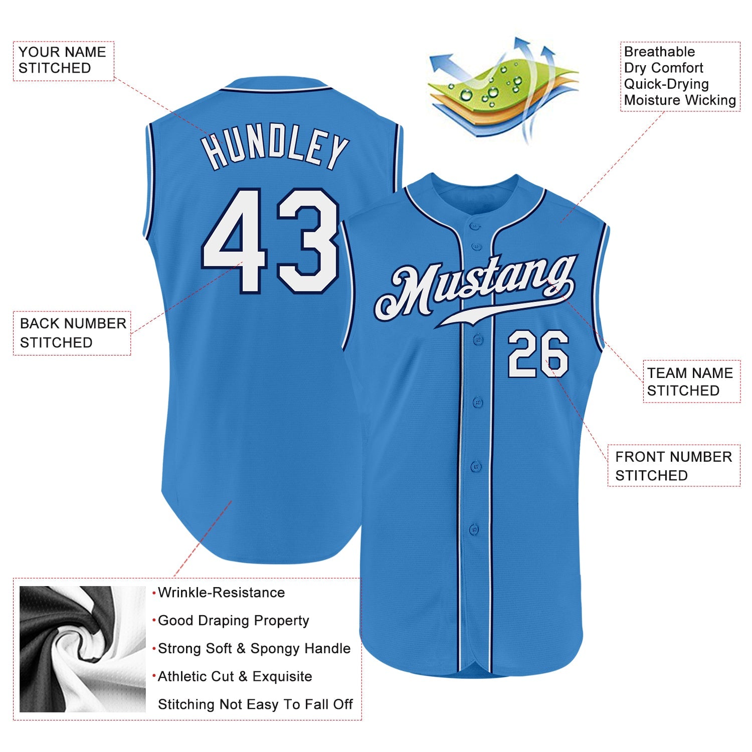 Custom Powder Blue White-Navy Authentic Sleeveless Baseball Jersey - Sky-Custom