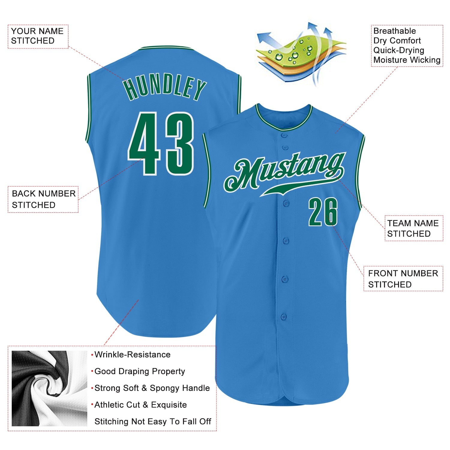 Custom Powder Blue Kelly Green-White Authentic Sleeveless Baseball Jersey - Sky-Custom