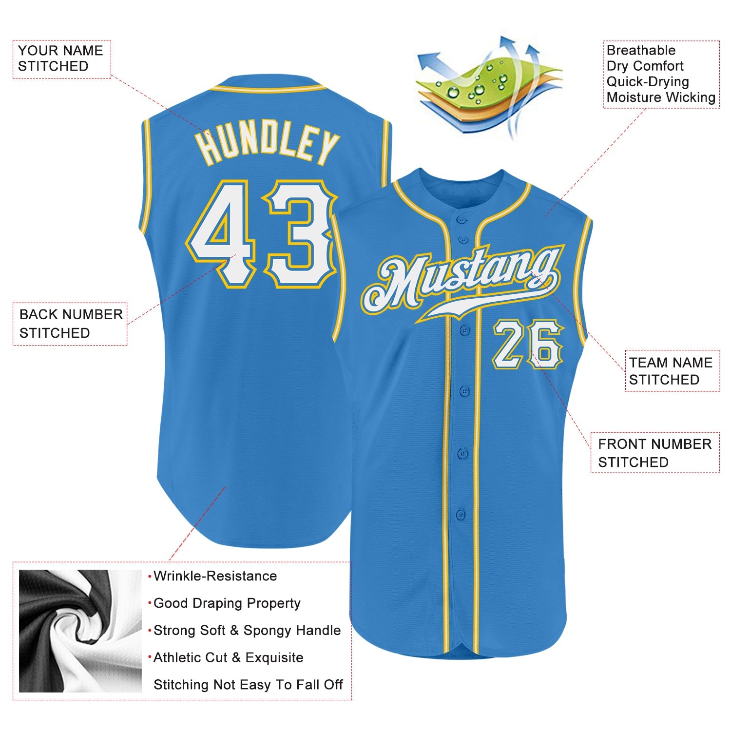 Custom Powder Blue White-Gold Authentic Sleeveless Baseball Jersey - Sky-Custom