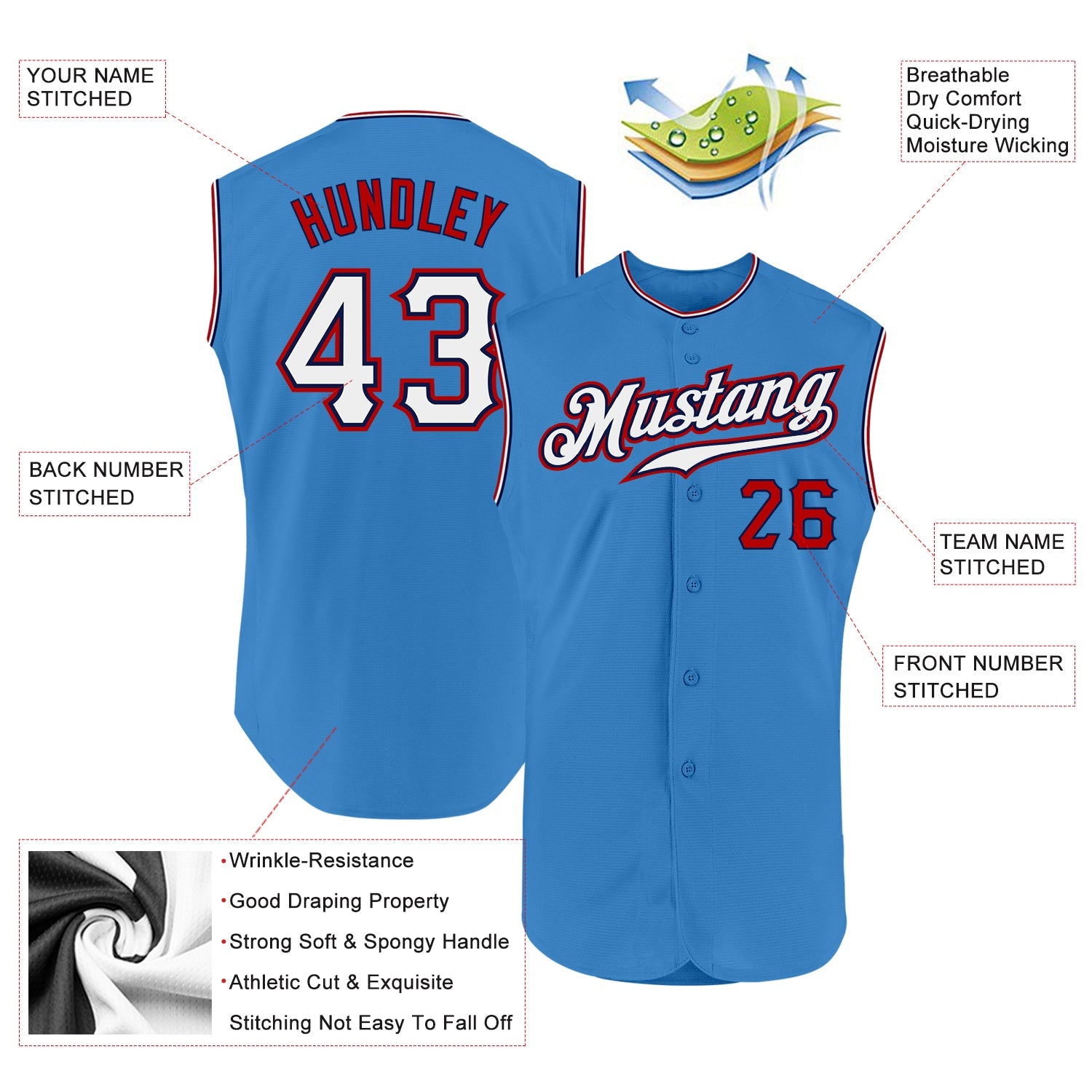 Custom Powder Blue White-Red Authentic Sleeveless Baseball Jersey - Sky-Custom