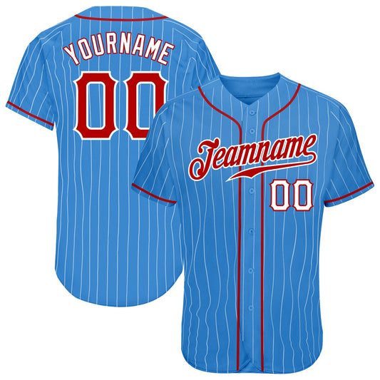 Custom Powder Blue White Pinstripe Red-White Authentic Baseball Jersey - Sky-Custom