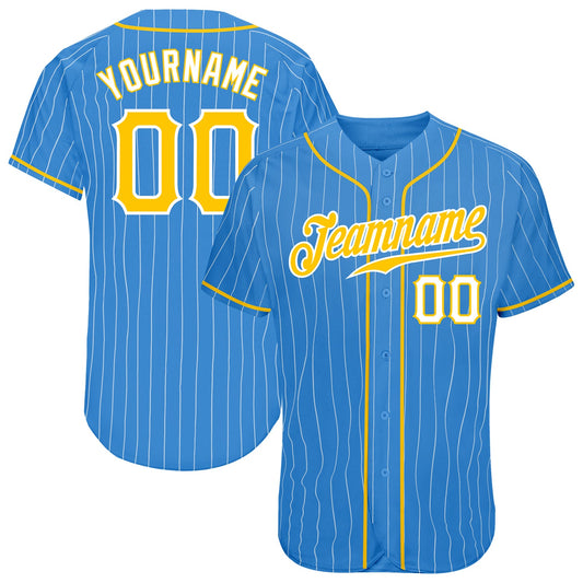 Custom Powder Blue White Pinstripe Gold-White Authentic Baseball Jersey - Sky-Custom