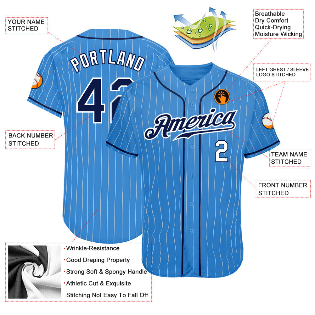 Custom Powder Blue White Pinstripe Navy-White Authentic Baseball Jersey - Sky-Custom