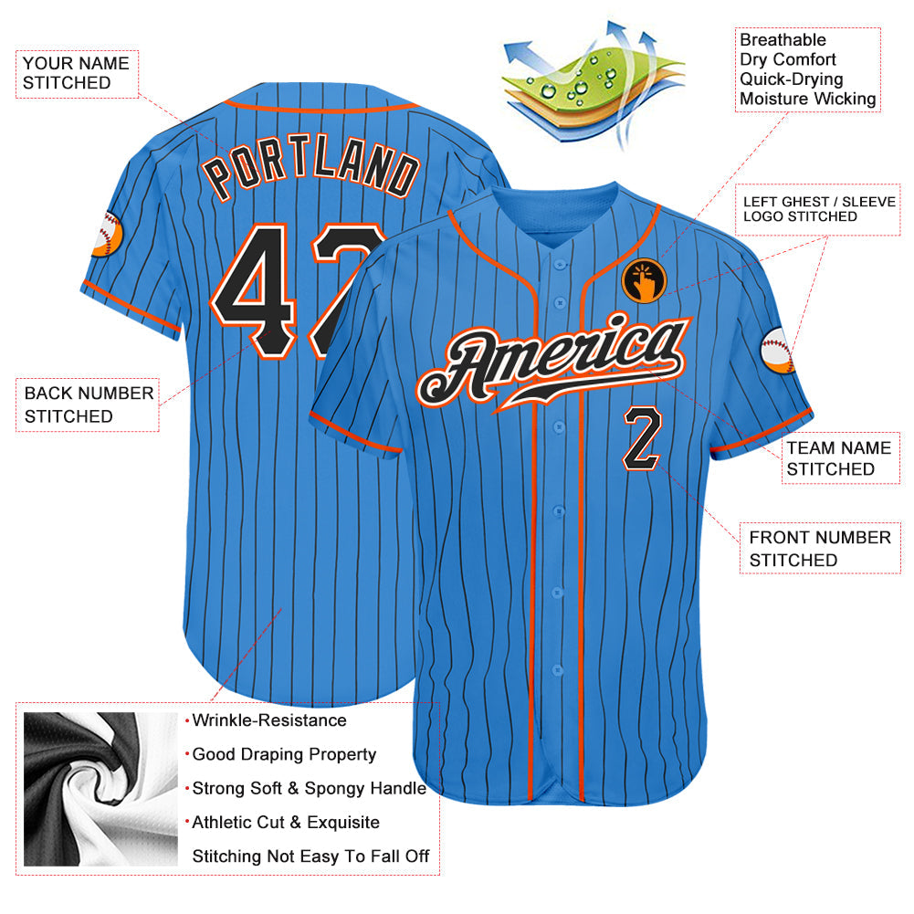 Custom Powder Blue Black Pinstripe Black-Orange Authentic Baseball Jersey - Sky-Custom