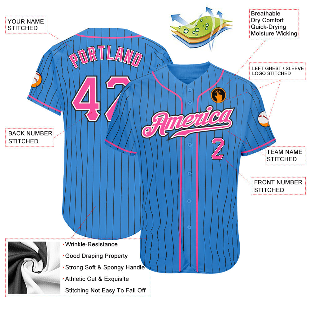 Custom Powder Blue Black Pinstripe Pink-White Authentic Baseball Jersey - Sky-Custom