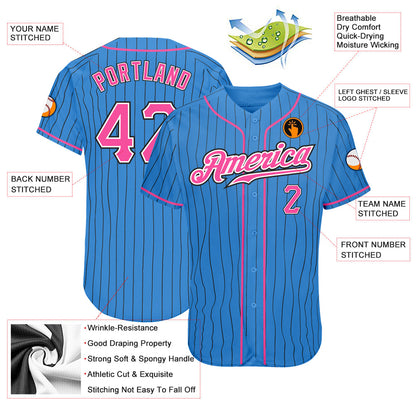Custom Powder Blue Black Pinstripe Pink-White Authentic Baseball Jersey - Sky-Custom