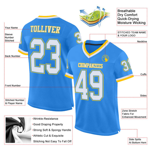 Custom Powder Blue White-Gold Mesh Authentic Throwback Football Jersey - Sky-Custom