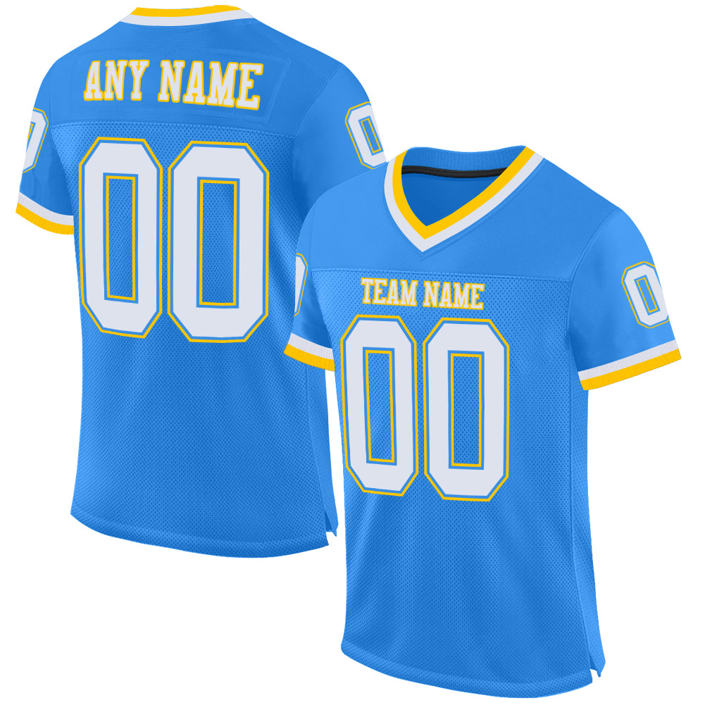 Custom Powder Blue White-Gold Mesh Authentic Throwback Football Jersey - Sky-Custom