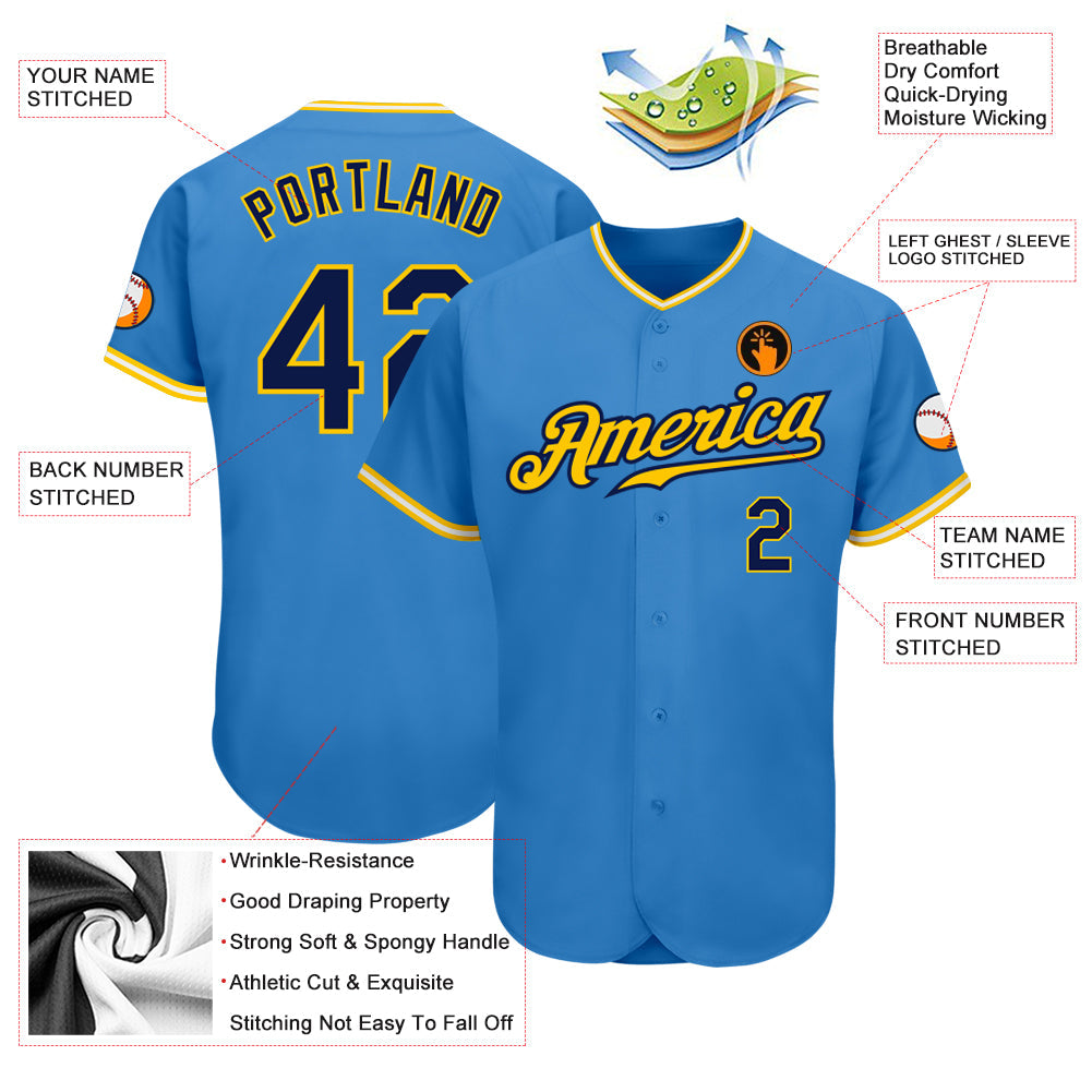 Custom Powder Blue Navy Gold-White Authentic Baseball Jersey - Sky-Custom